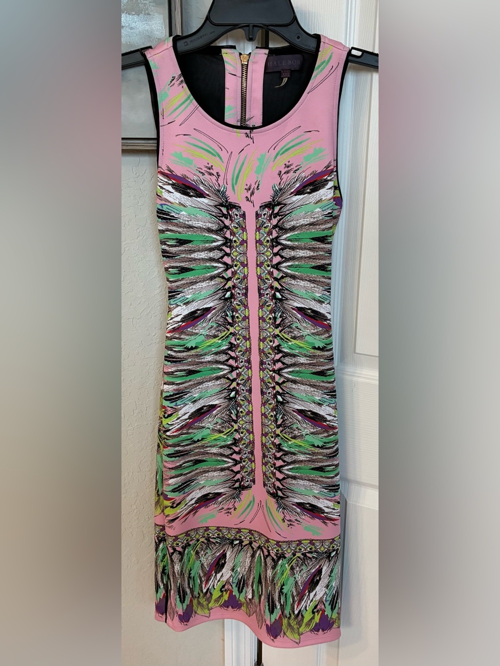 Hale Bob Women’s Feather Print Sleeveless Neoprene Bodycon Dress-Sz XXS-EUC-Fast